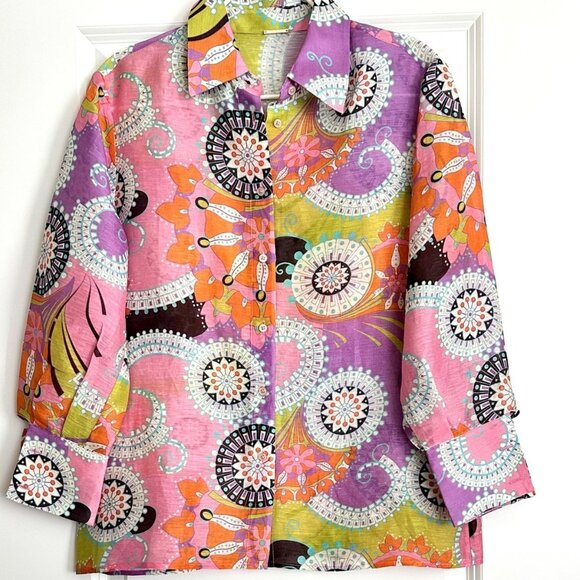 Alexis Tops - ALEXIS Pink Multi Paisley Floral Linen Silk Long Sleeve Button Up Shirt Size S
